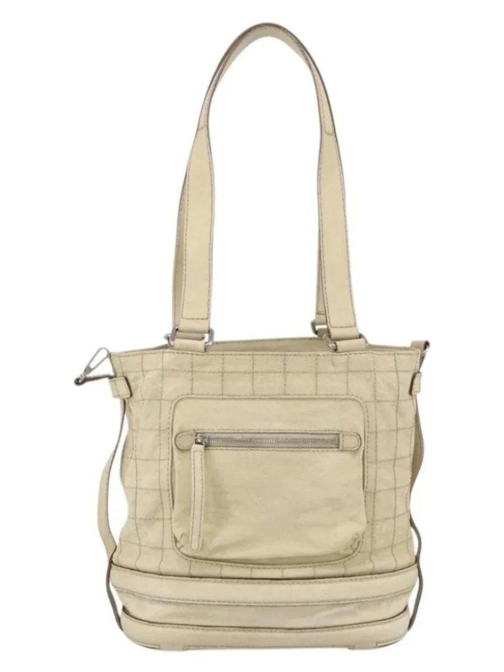 CHANEL Choco Bar Hand Bag Leather Ivory Silver CC Auth bs34277